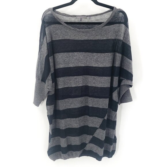 VINCE Wool Silk Alpaca Stripe Black Gray Sheer Oversized Tunic Sweater - Picture 1 of 4
